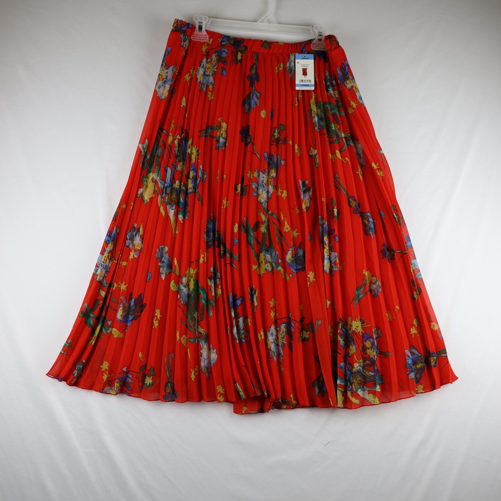 Vince Camuto Skirt Womens Large Red Fireball Floral Pleated Chiffon Midi Lined